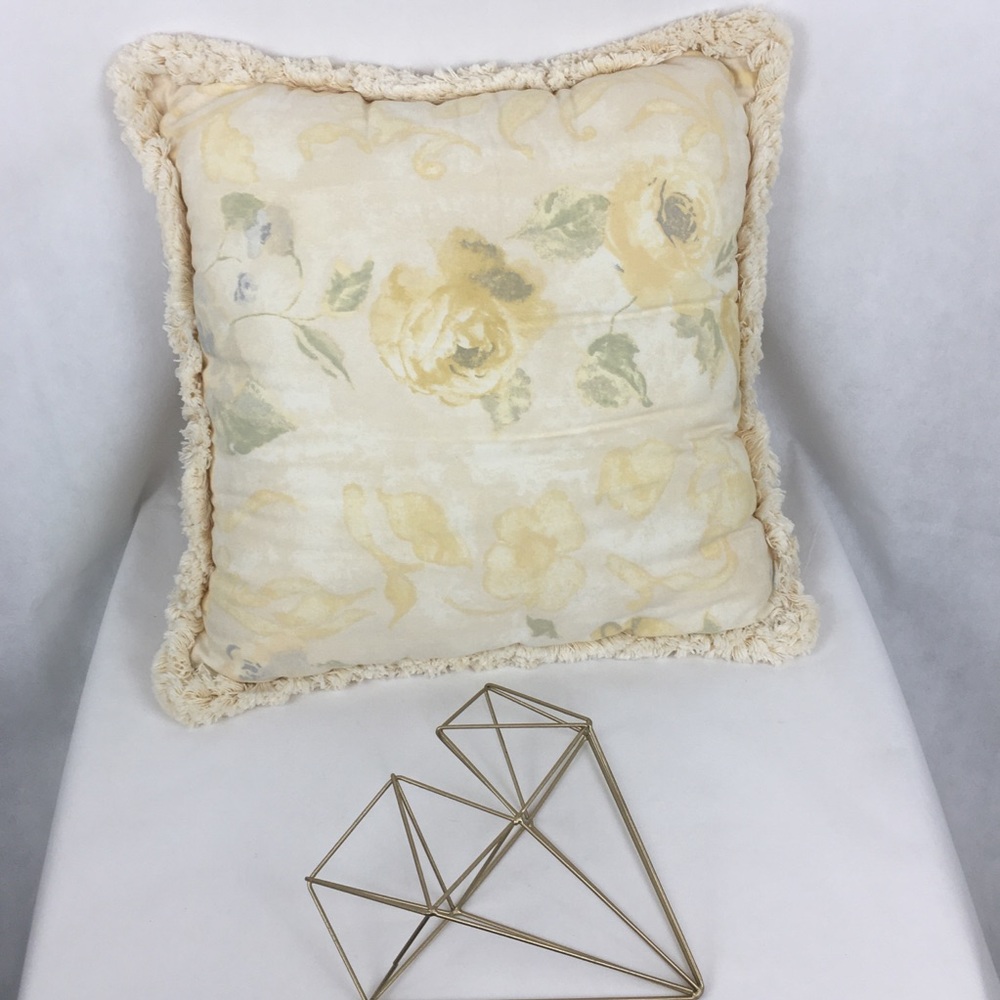 Pastel Yellow & Gold Rose Pillow With Fringe